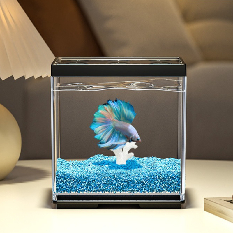 Aquarium Fish Pot - Akuarium Desktop Betta Kecil dengan Penutup,